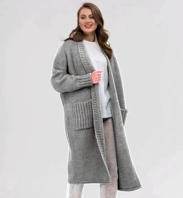 Strickjacke Gestrickte Woll Optik Übergröße Passform Lang mit Großen Taschen