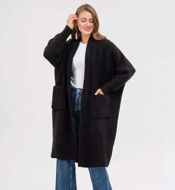Strickjacke Gestrickte Woll Optik Übergröße Passform Lang mit Großen Taschen