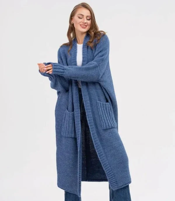 Strickjacke Gestrickte Woll Optik Übergröße Passform Lang mit Großen Taschen