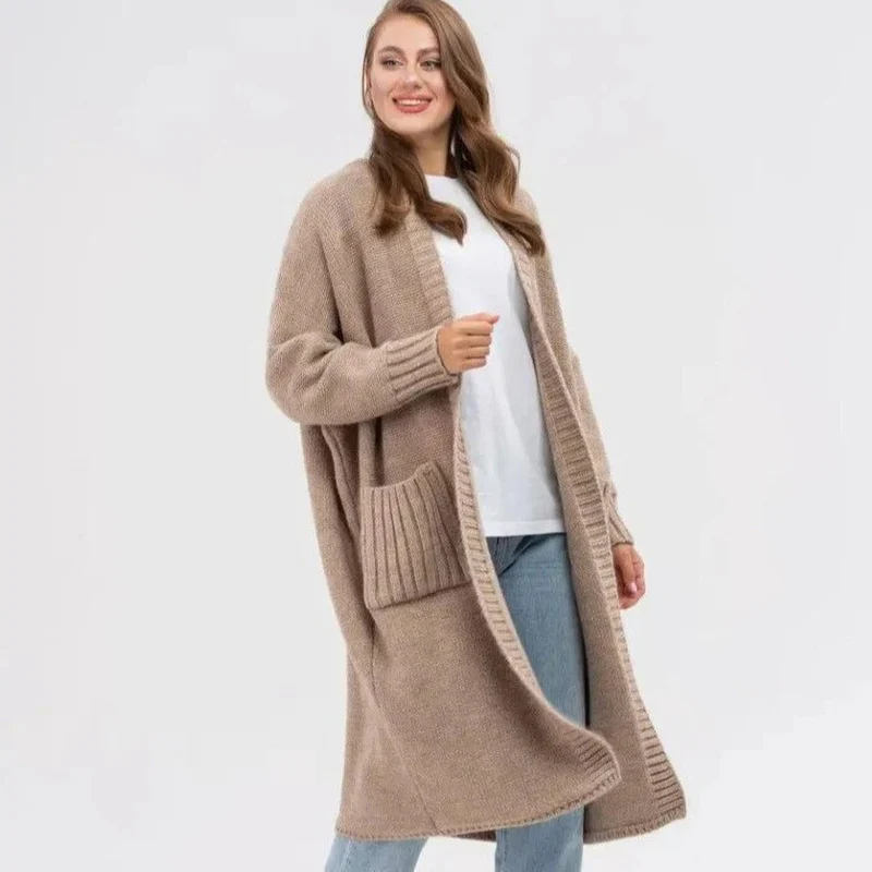Strickjacke Gestrickte Woll Optik Übergröße Passform Lang mit Großen Taschen