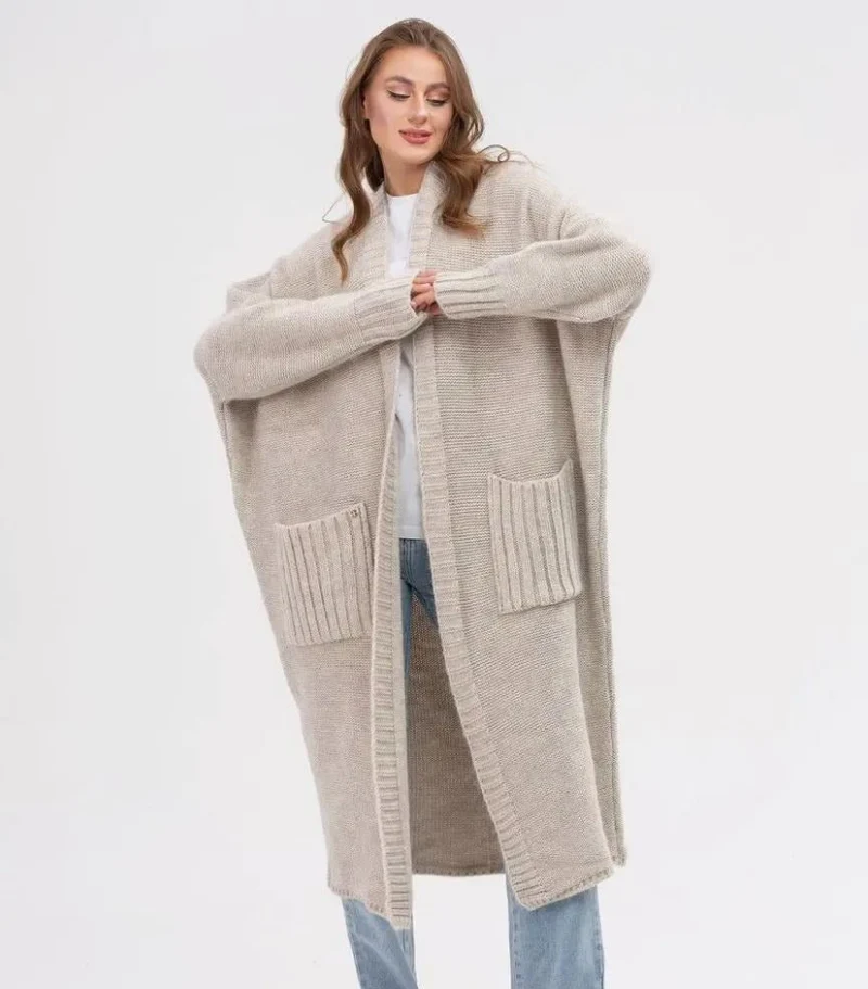 Strickjacke Gestrickte Woll Optik Übergröße Passform Lang mit Großen Taschen