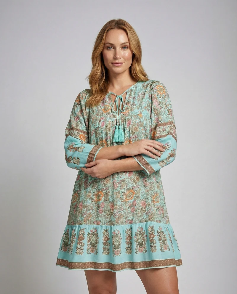 Damen Luftige Volant-Saum MischgewNord Taschene Boho-Minikleid