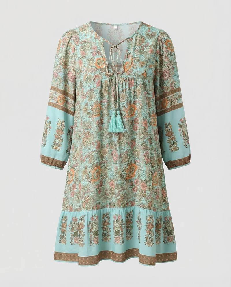 Damen Luftige Volant-Saum MischgewNord Taschene Boho-Minikleid