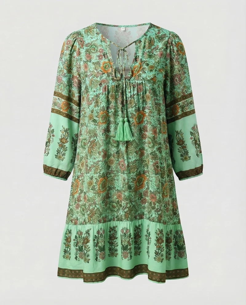 Damen Luftige Volant-Saum MischgewNord Taschene Boho-Minikleid