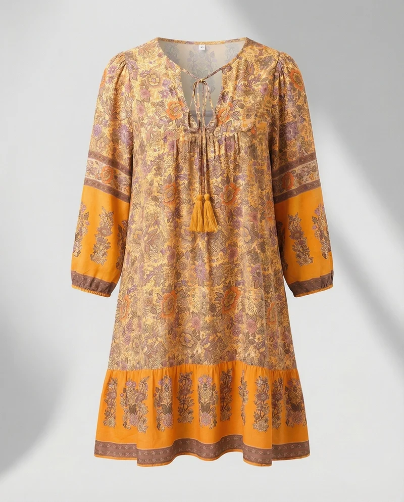 Damen Luftige Volant-Saum MischgewNord Taschene Boho-Minikleid
