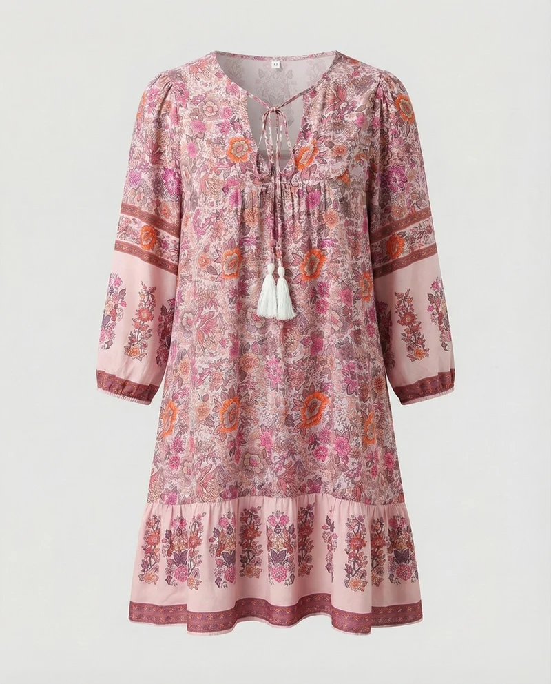 Damen Luftige Volant-Saum MischgewNord Taschene Boho-Minikleid