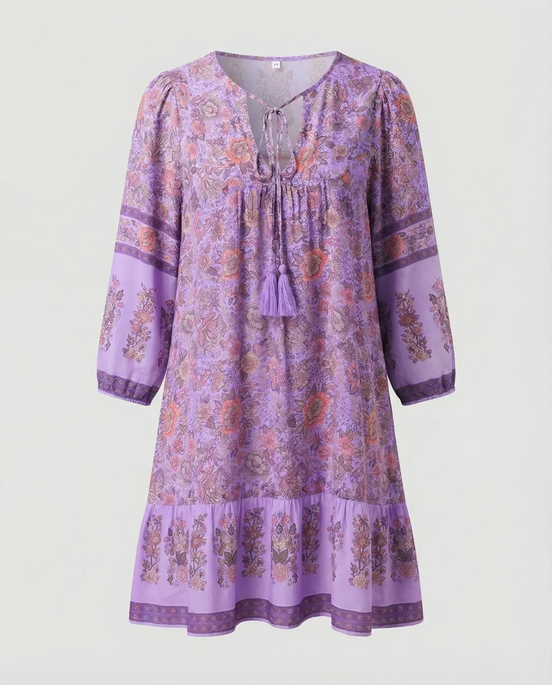 Damen Luftige Volant-Saum MischgewNord Taschene Boho-Minikleid