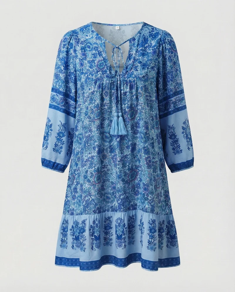 Damen Luftige Volant-Saum MischgewNord Taschene Boho-Minikleid