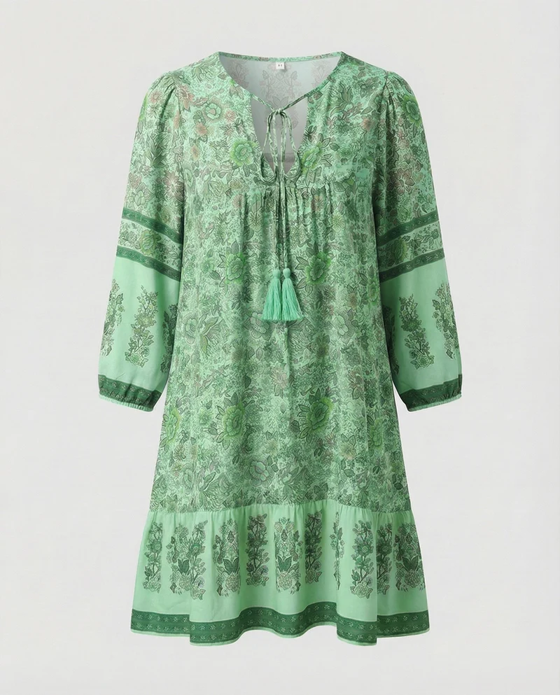 Damen Luftige Volant-Saum MischgewNord Taschene Boho-Minikleid
