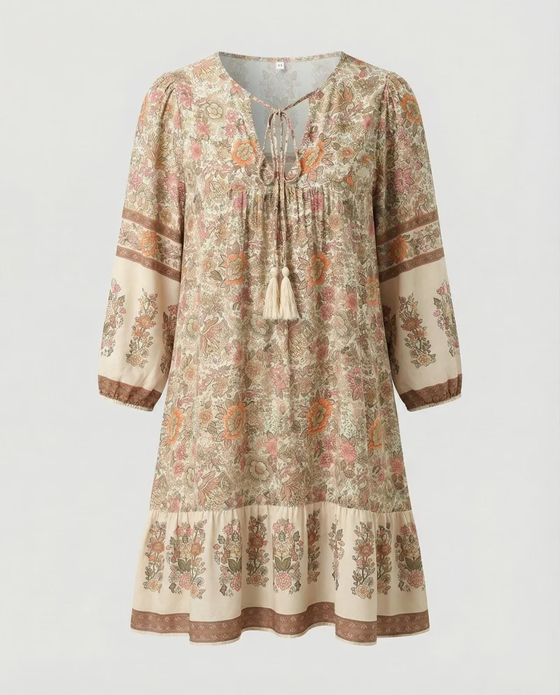 Damen Luftige Volant-Saum MischgewNord Taschene Boho-Minikleid