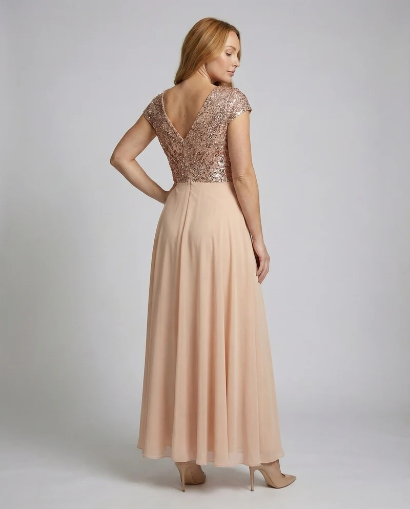 Damen Abendkleid Satin-Optik Kappenärmel Mieder
