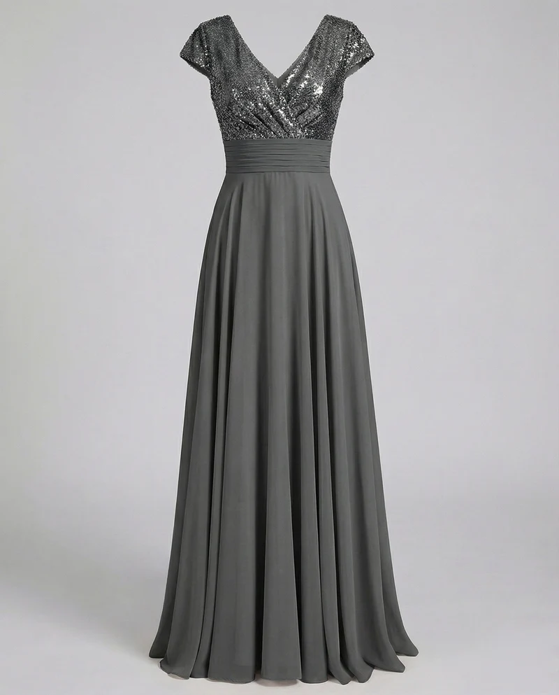 Damen Abendkleid Satin-Optik Kappenärmel Mieder