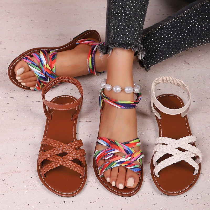 Damen Riemensandalen mit geflochtenem Design und verstellbarem Riemen