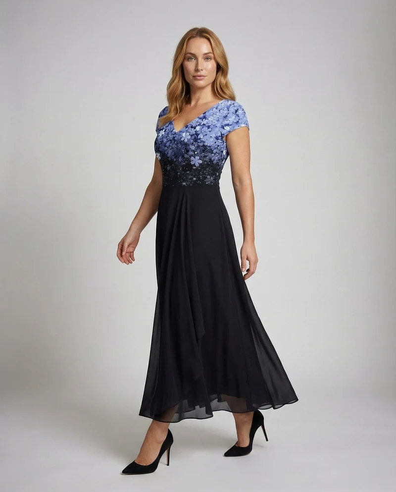 Damen besticktes V-Ausschnitt-Abendkleid