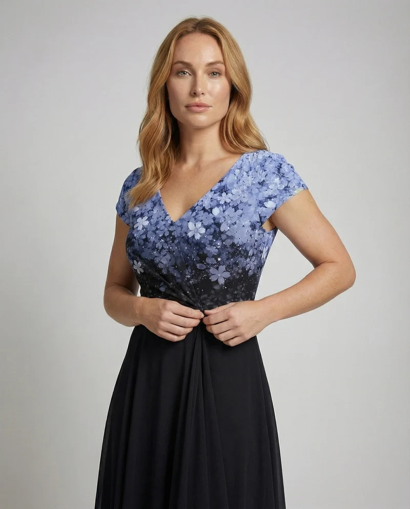 Damen besticktes V-Ausschnitt-Abendkleid
