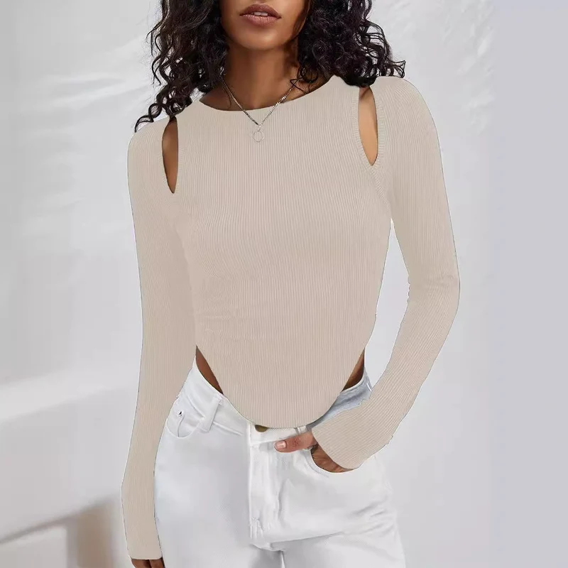 Damen Langarmshirt mit asymmetrischem Cut-Out und Rippstruktur