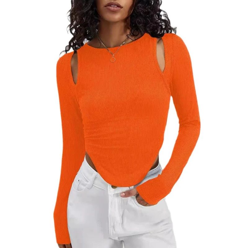 Damen Langarmshirt mit asymmetrischem Cut-Out und Rippstruktur