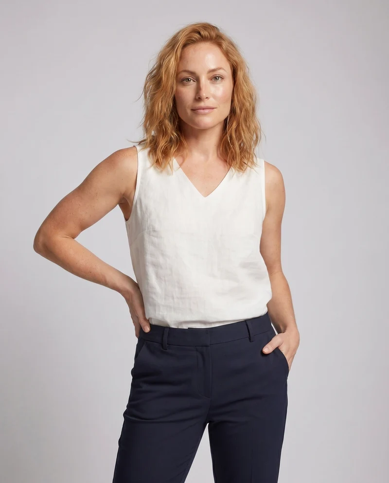 Damen lässiges Leinen-Top mit minimalistischem V-Ausschnitt