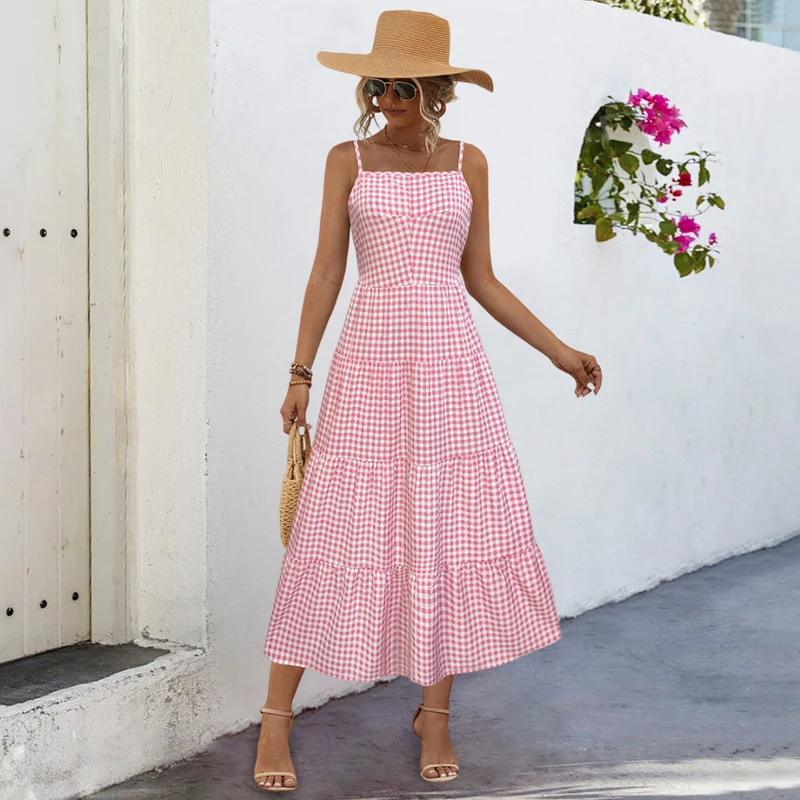 Damen Maxikleid im karierten Design mit Taillenakzent und Rüschensaum
