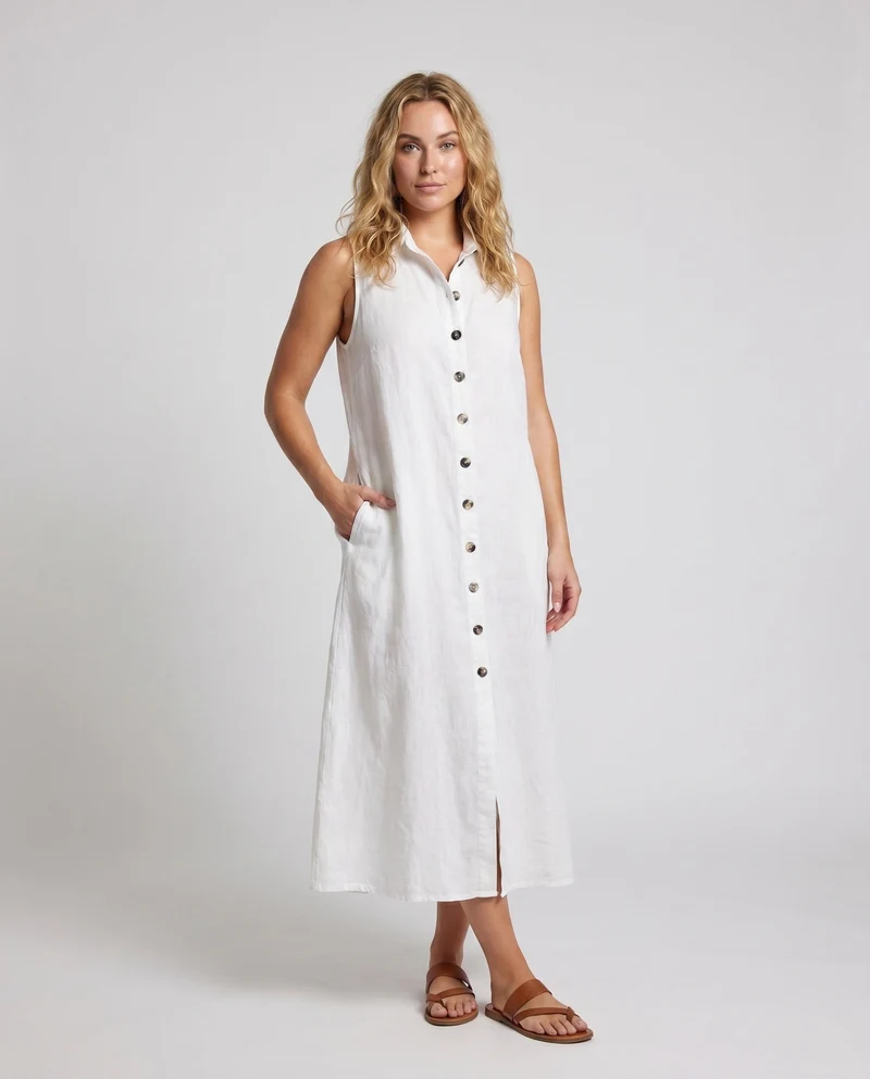 Damen Knielanges Hemdblusenkleid aus weichem Leinen