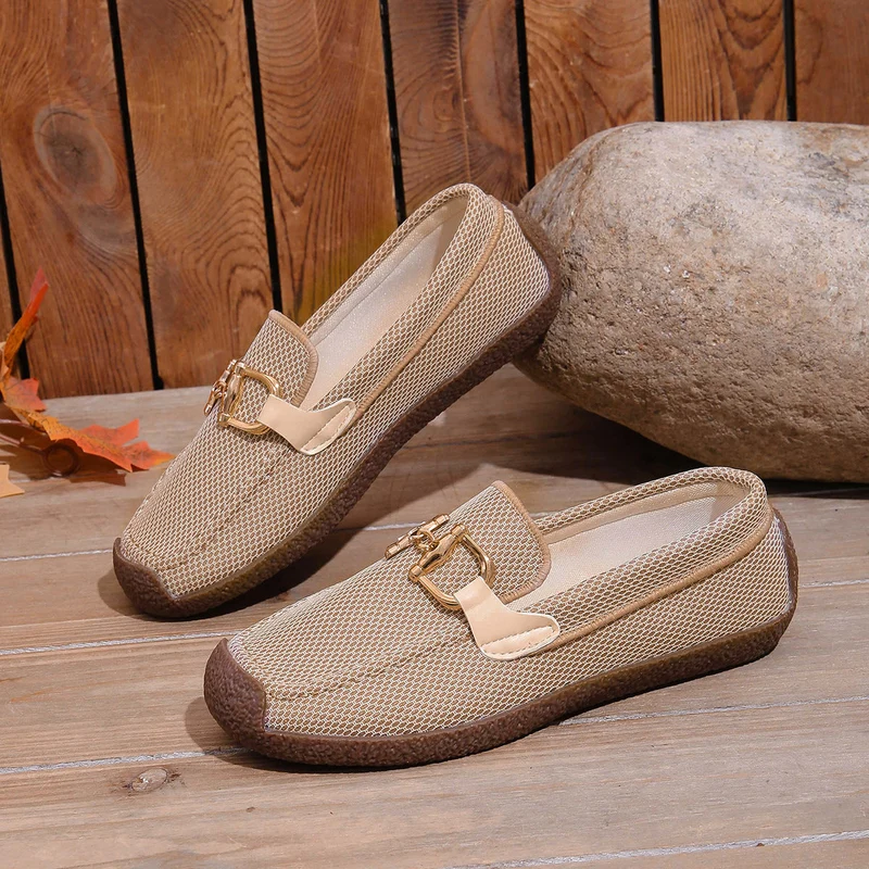 Damen leichte Slip-On Mokassins mit atmungsaktivem Mesh-Obermaterial und modischer Schnallenverzierung