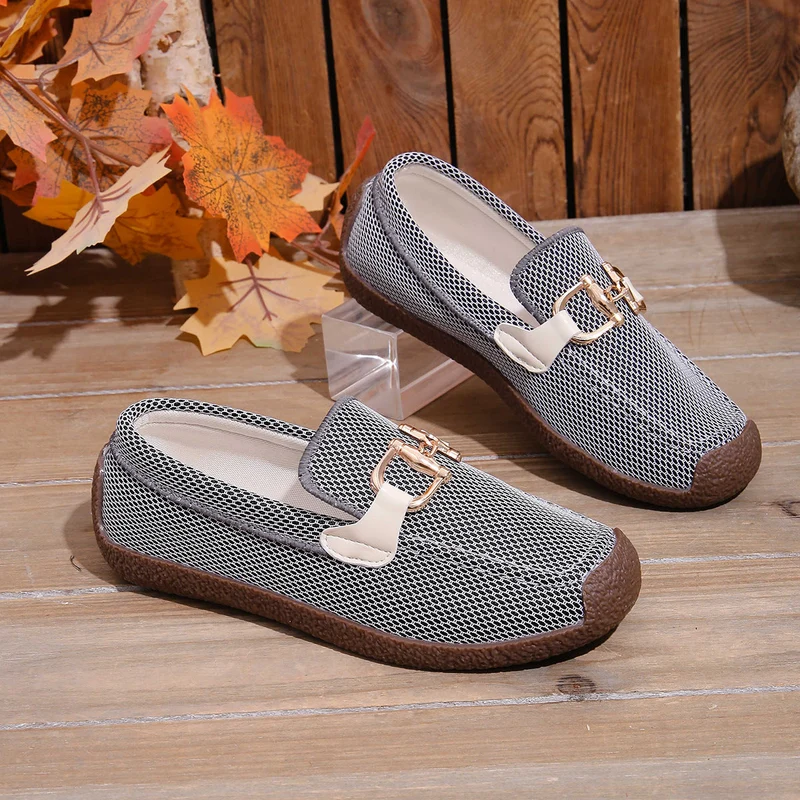 Damen leichte Slip-On Mokassins mit atmungsaktivem Mesh-Obermaterial und modischer Schnallenverzierung