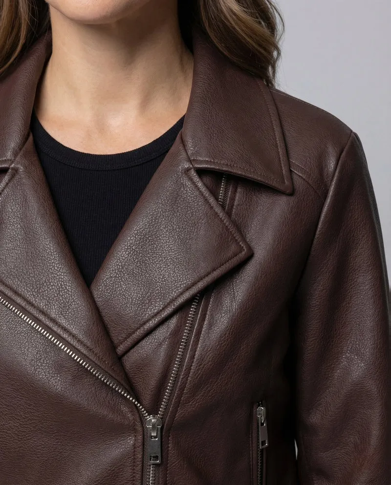 Damen Kunstleder Bikerjacke Kastig Revers