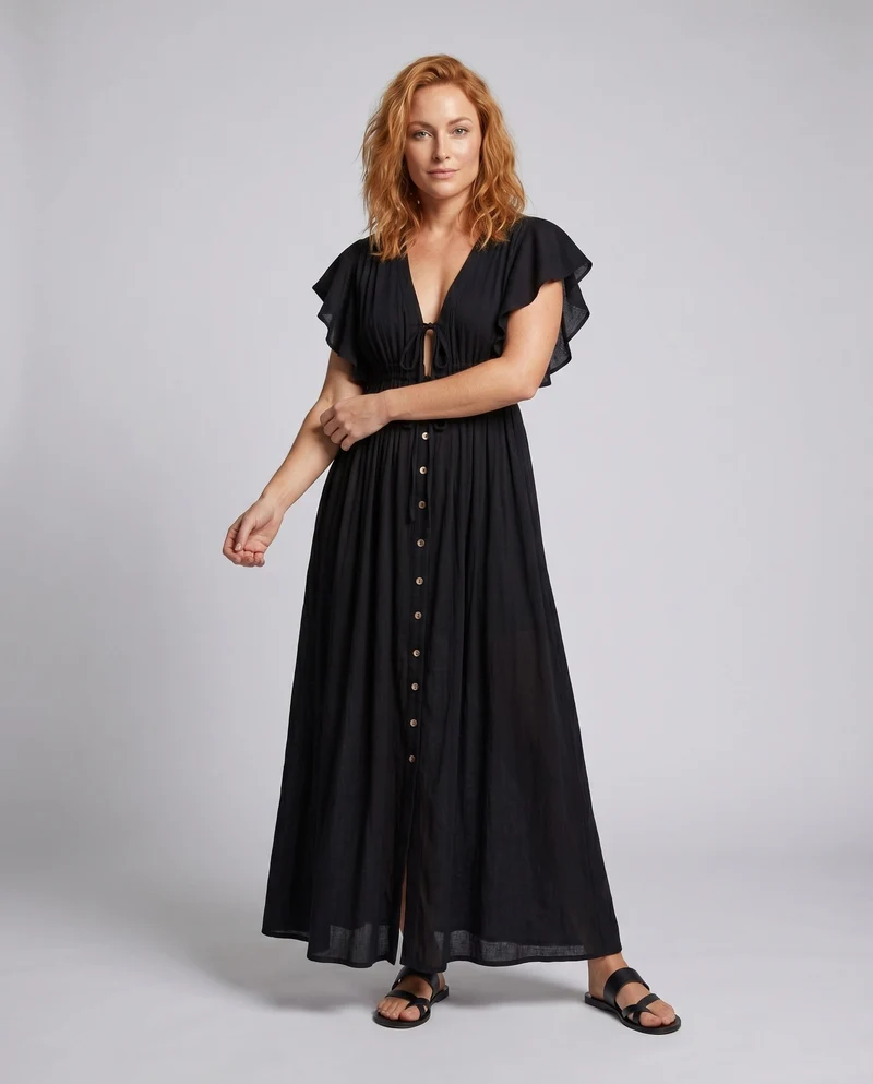 Damen Maxikleid mit tiefem V-Ausschnitt und elastischem Bund