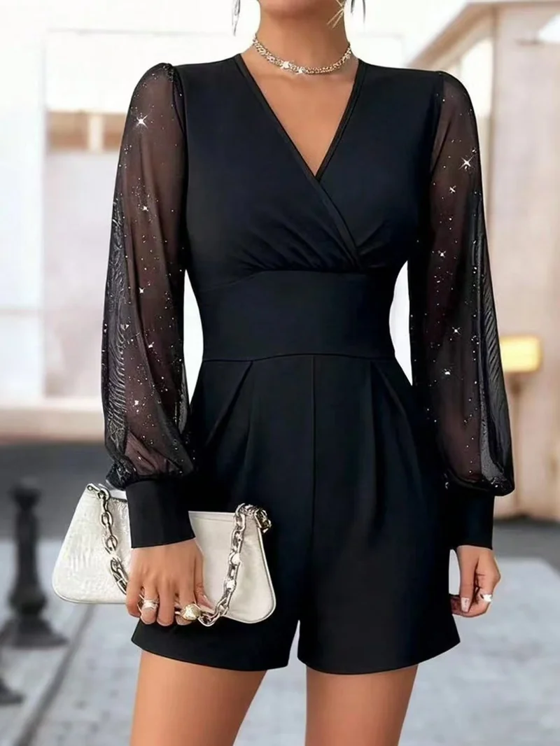 Damen eleganter Jumpsuit mit transparenten Puffärmeln und V-Ausschnitt