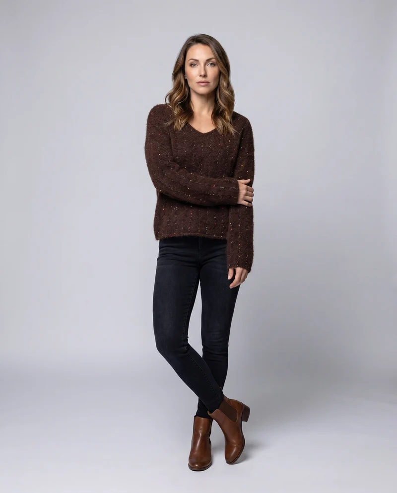 Damen Kuscheliger V-Ausschnitt Pullover mit Pünktchenmuster