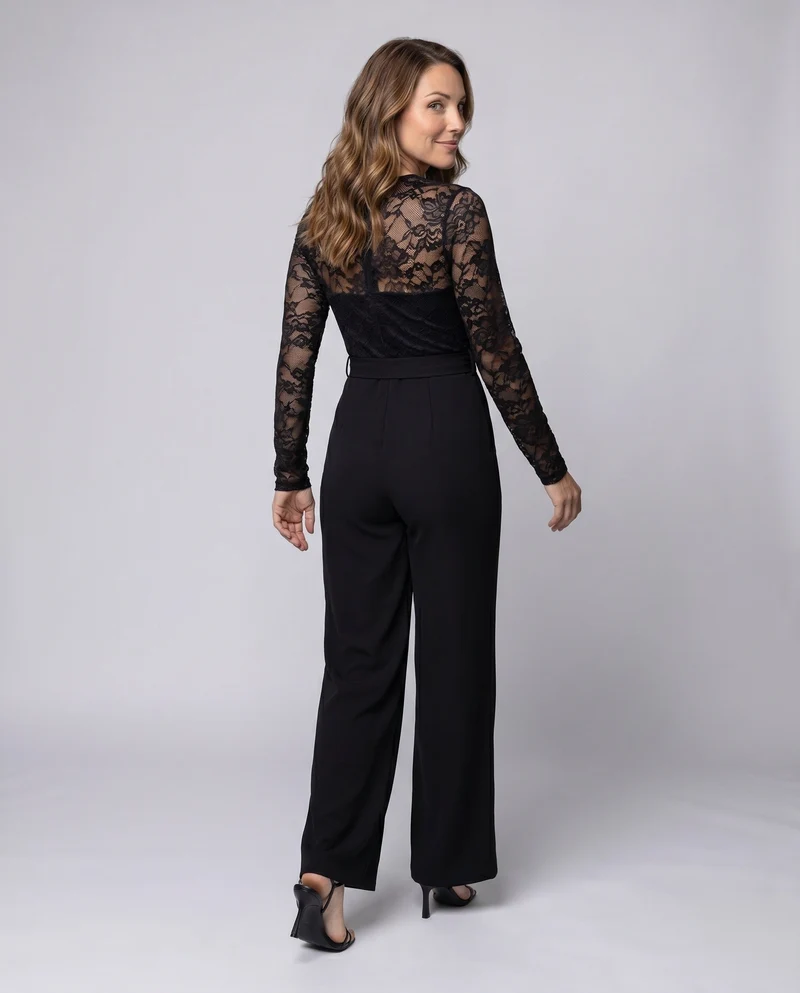 Damen Eleganter Jumpsuit mit Spitzenoberteil und tailliertem Bund