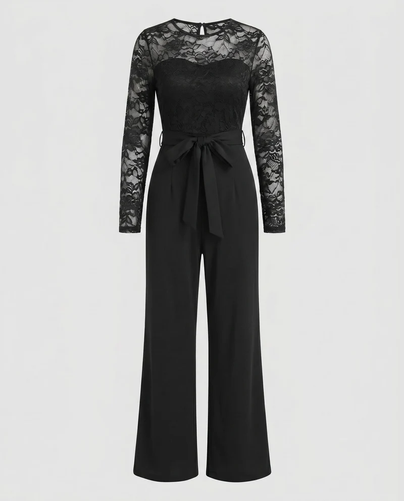Damen Eleganter Jumpsuit mit Spitzenoberteil und tailliertem Bund