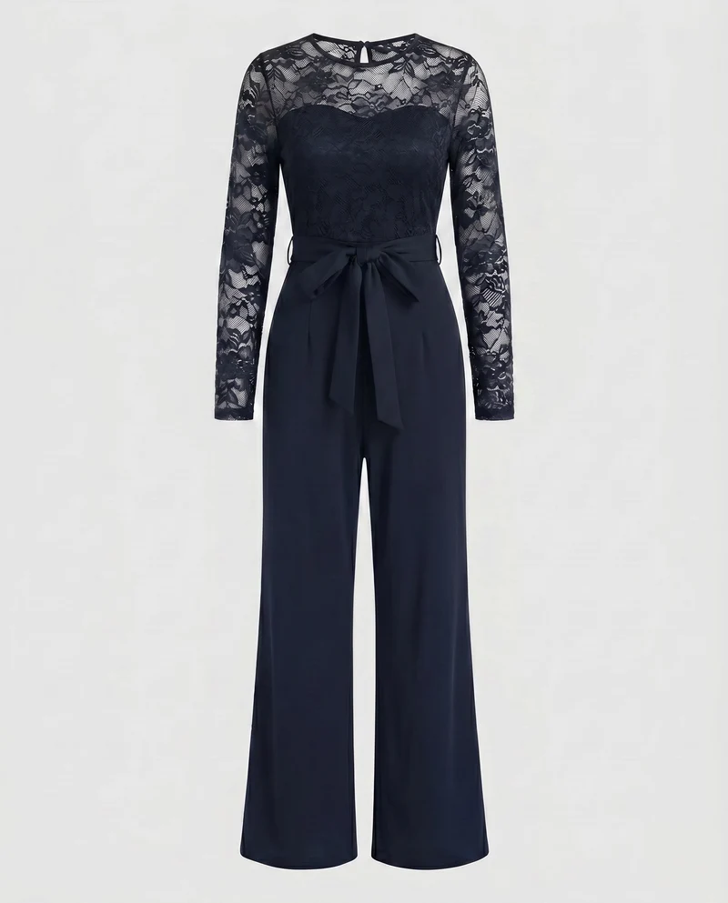 Damen Eleganter Jumpsuit mit Spitzenoberteil und tailliertem Bund