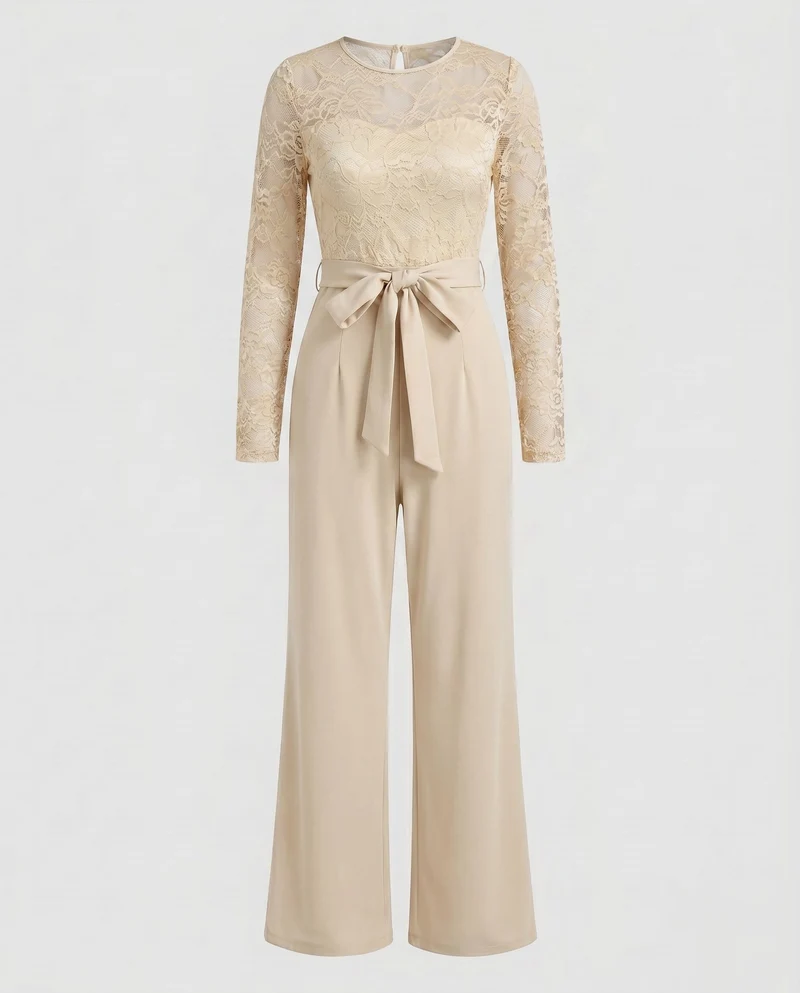 Damen Eleganter Jumpsuit mit Spitzenoberteil und tailliertem Bund