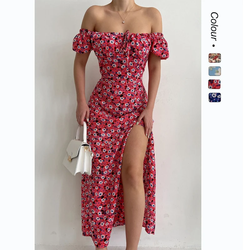 Damen Off-Shoulder Maxikleid mit floralem Design und elegantem Schlitz