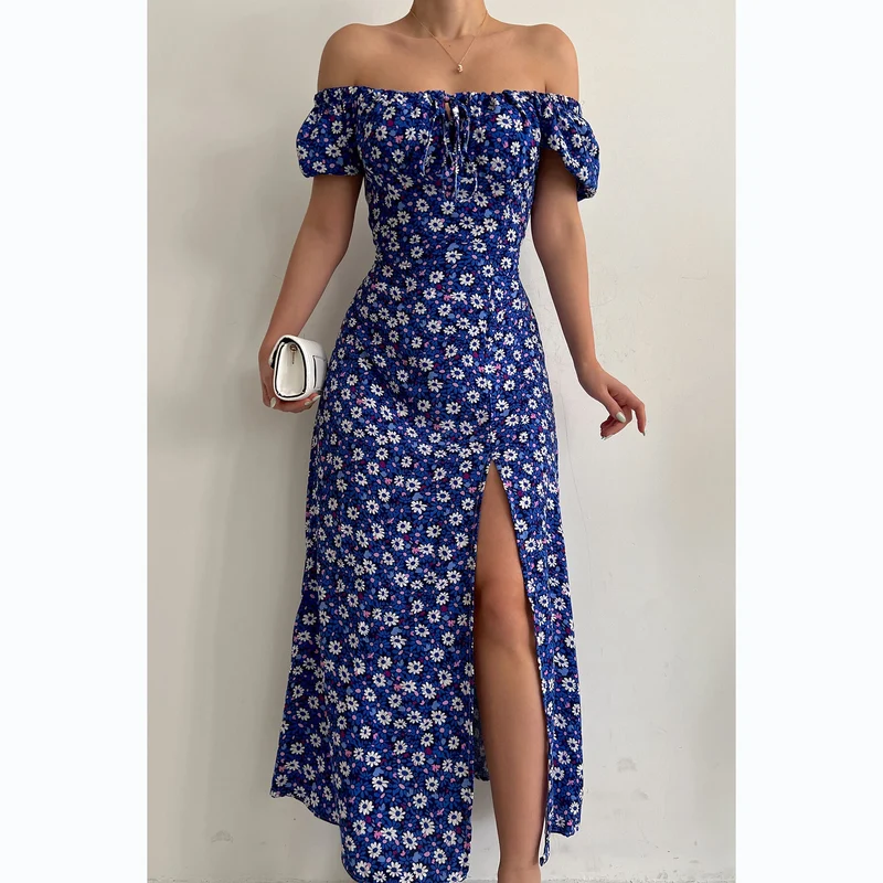 Damen Off-Shoulder Maxikleid mit floralem Design und elegantem Schlitz