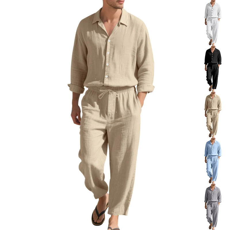 Herren nan leichtes Leinen-Freizeitset mit Hemd und weiten Hosen