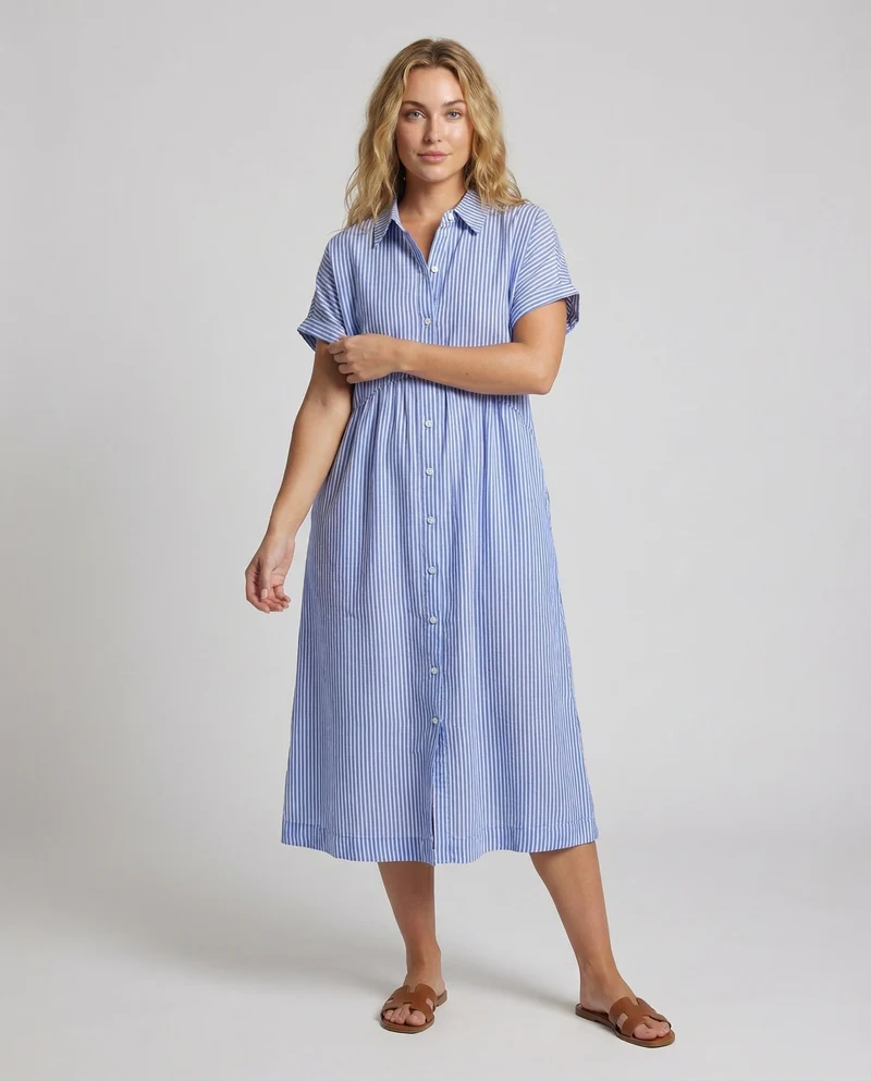 Damen Hemdblusenkleid Leinenoptik Kurze Ärmel Taschen