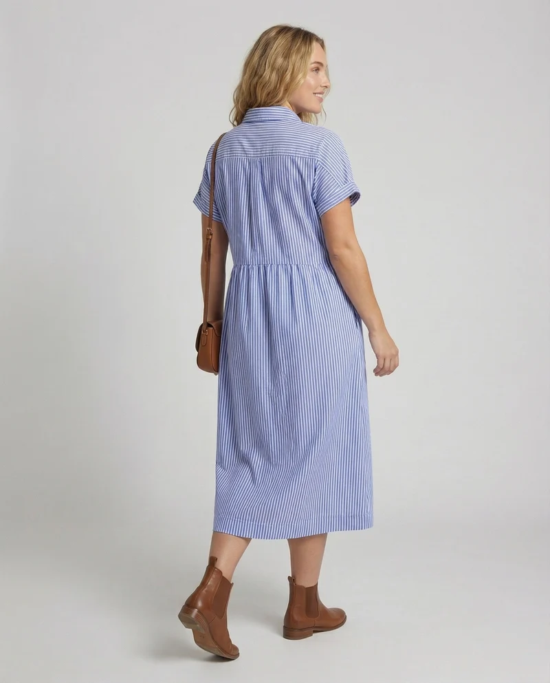 Damen Hemdblusenkleid Leinenoptik Kurze Ärmel Taschen