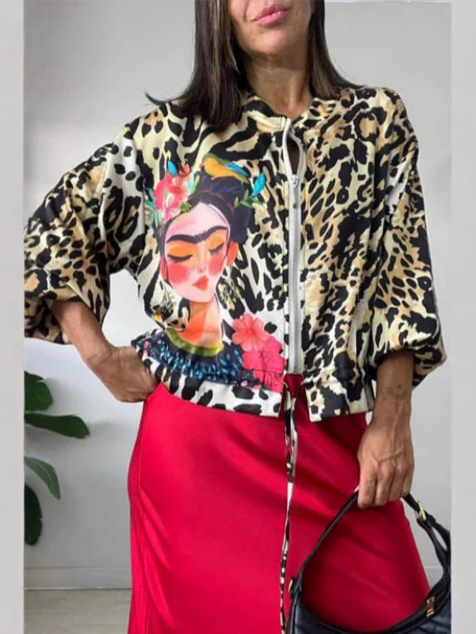 Damen entspannte Bomberjacke mit extravagantem Leoparden-Motiv
