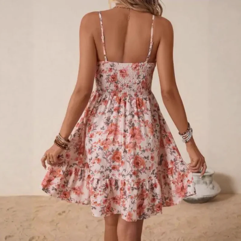 Damen florales Sommerkleid mit gerafftem Oberteil und schwingendem Saum