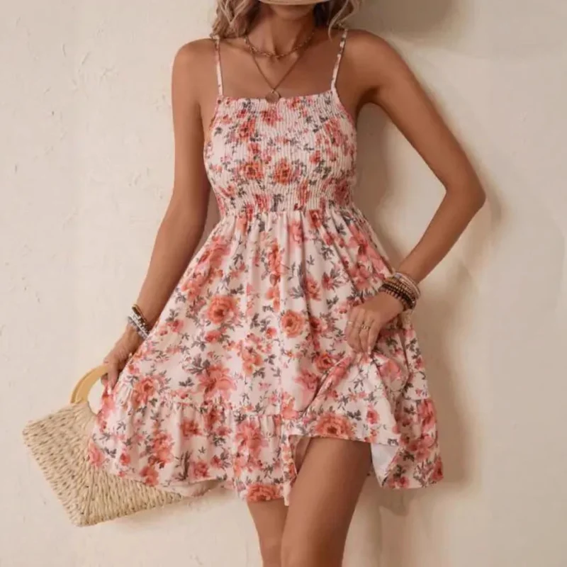 Damen florales Sommerkleid mit gerafftem Oberteil und schwingendem Saum