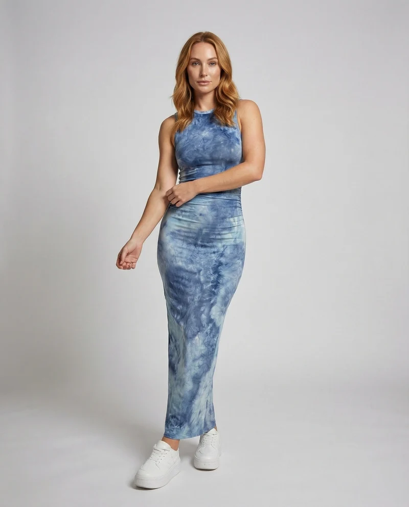 Damen nan figurbetontes Maxikleid aus Stretch-Jersey mit Taillenraffung und Batikoptik