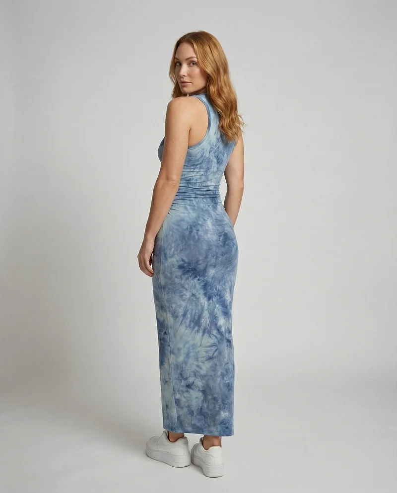 Damen nan figurbetontes Maxikleid aus Stretch-Jersey mit Taillenraffung und Batikoptik