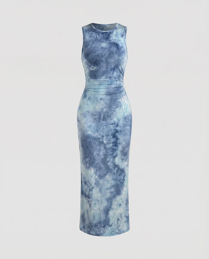 Damen nan figurbetontes Maxikleid aus Stretch-Jersey mit Taillenraffung und Batikoptik