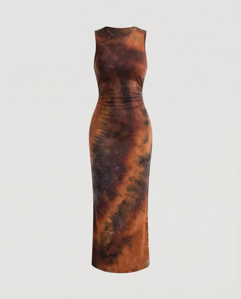 Damen nan figurbetontes Maxikleid aus Stretch-Jersey mit Taillenraffung und Batikoptik