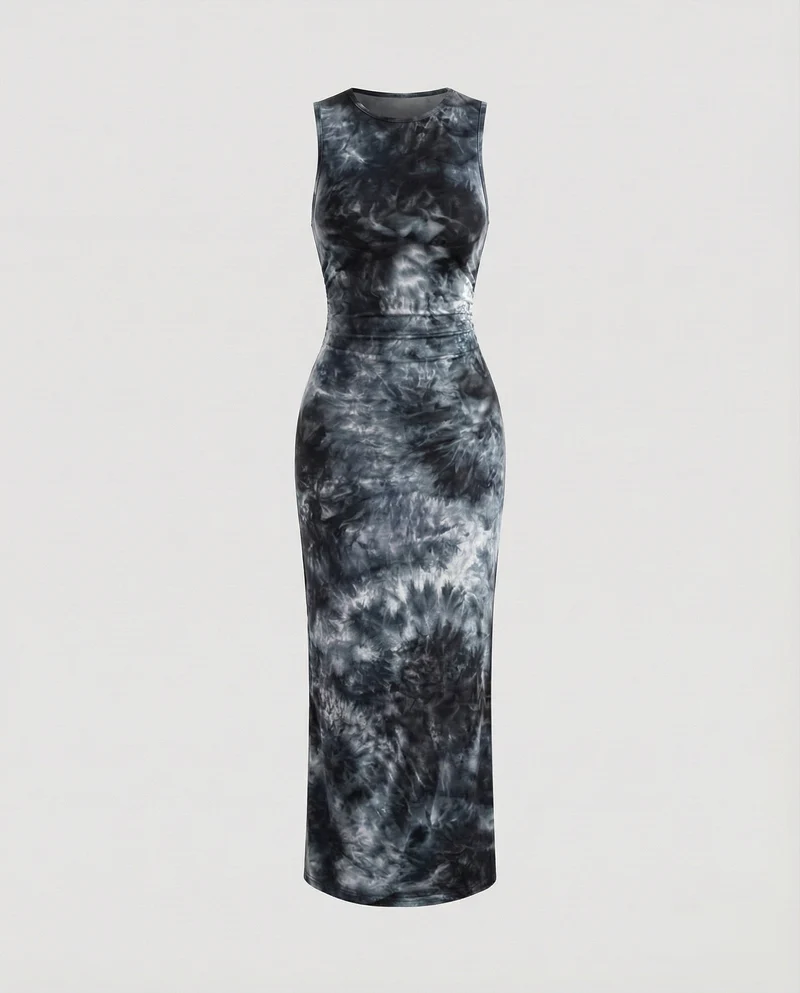 Damen nan figurbetontes Maxikleid aus Stretch-Jersey mit Taillenraffung und Batikoptik