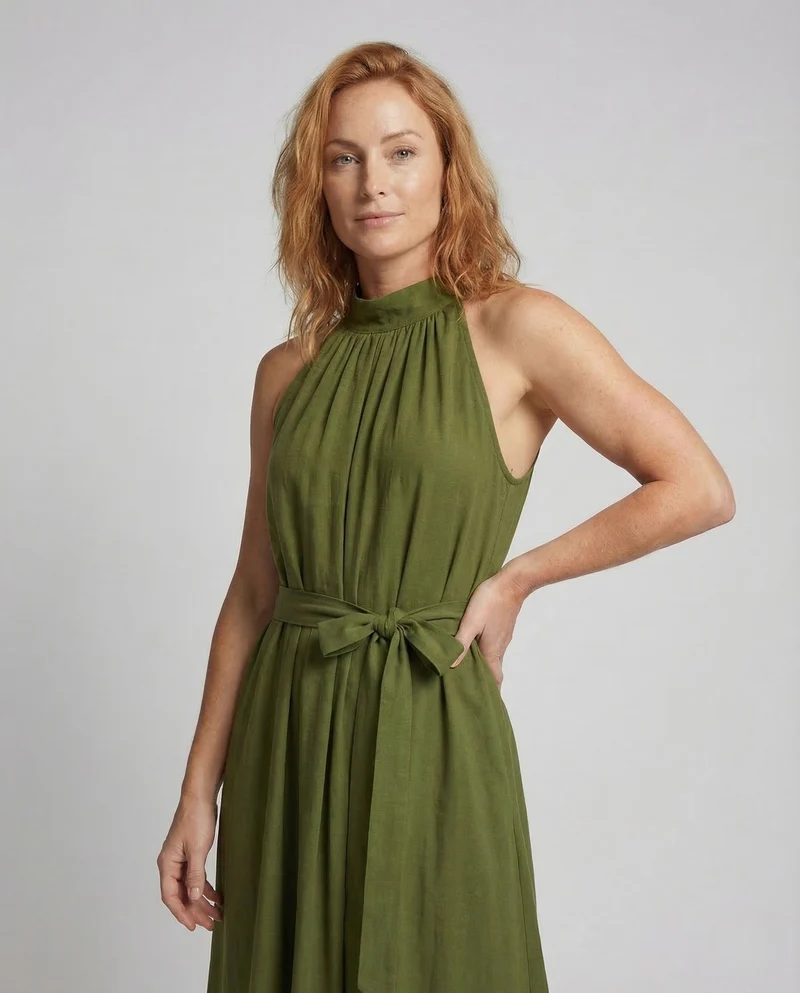 Damen Maxikleid Stehkragen Leinenoptik