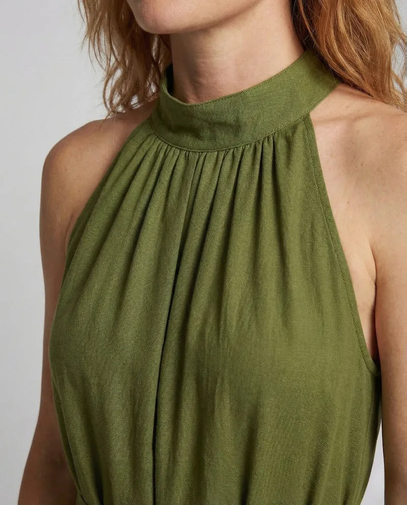 Damen Maxikleid Stehkragen Leinenoptik