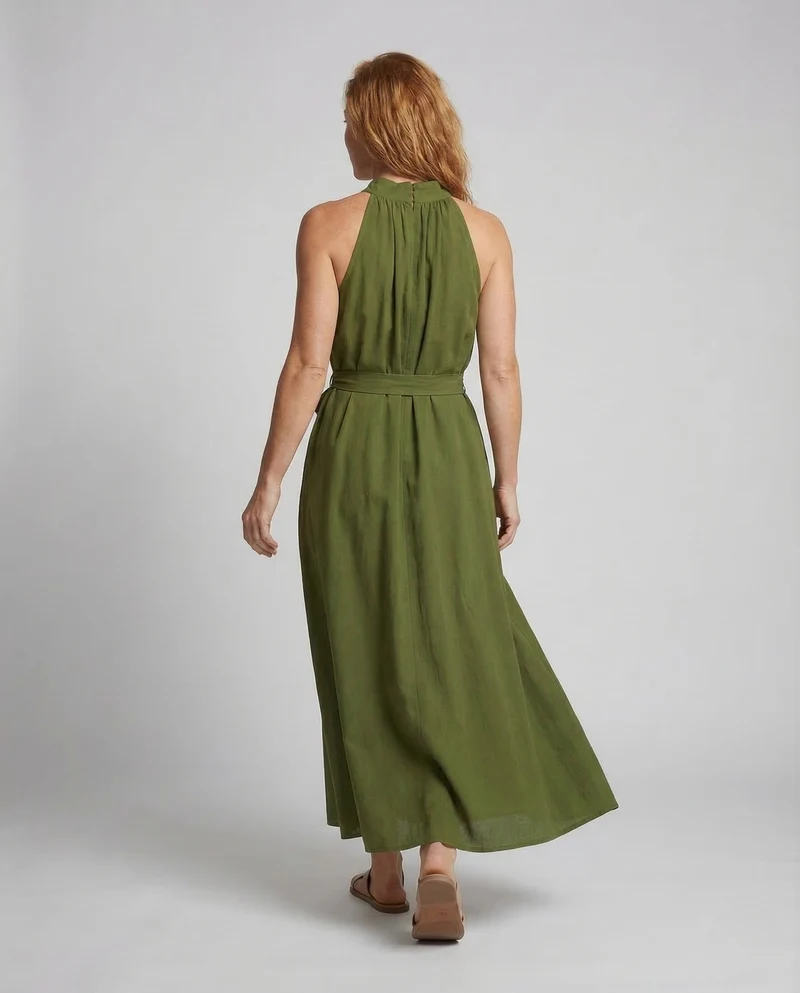 Damen Maxikleid Stehkragen Leinenoptik